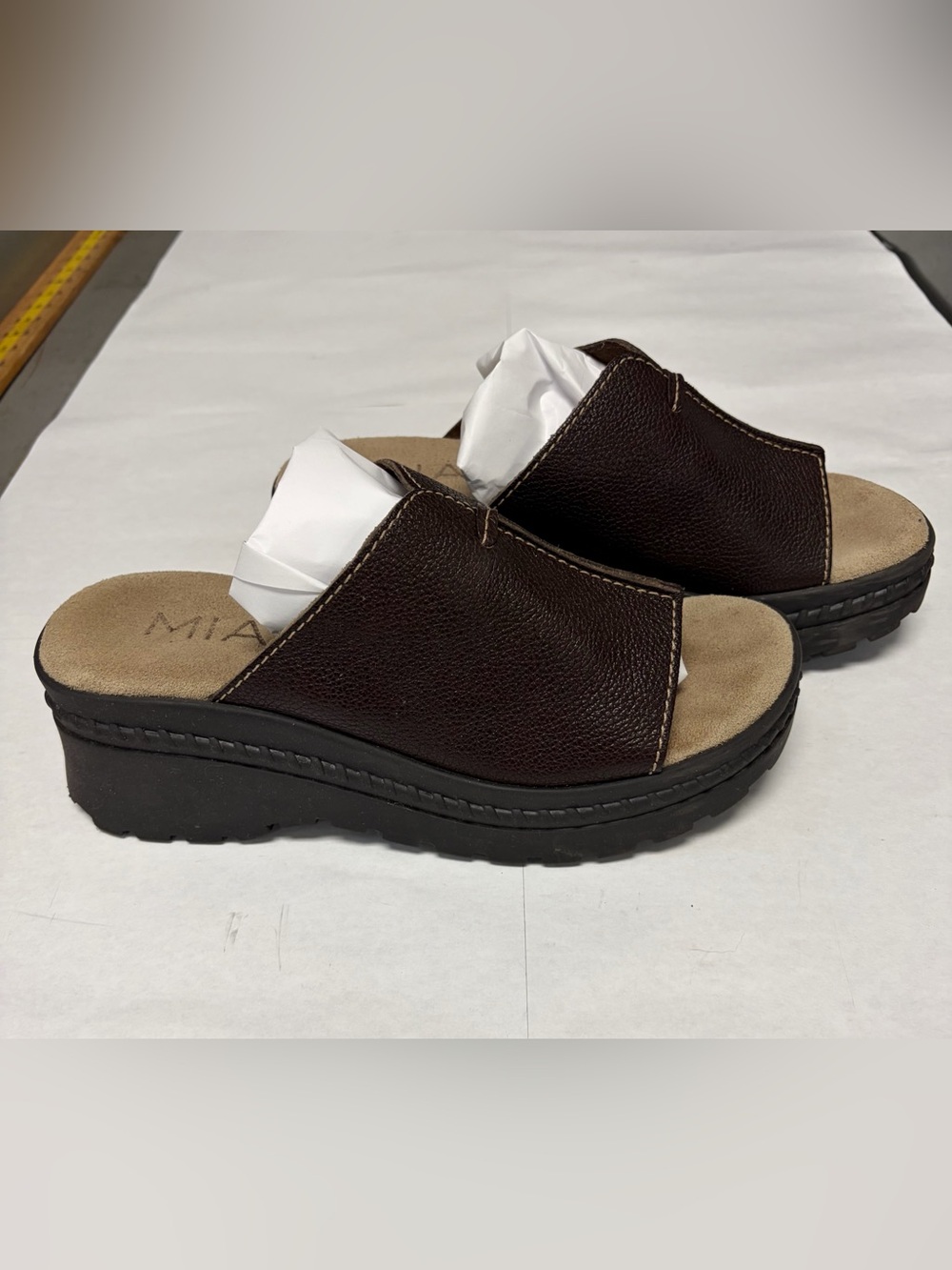 MIA Dark Brown Leather Slide Wedge Mules
